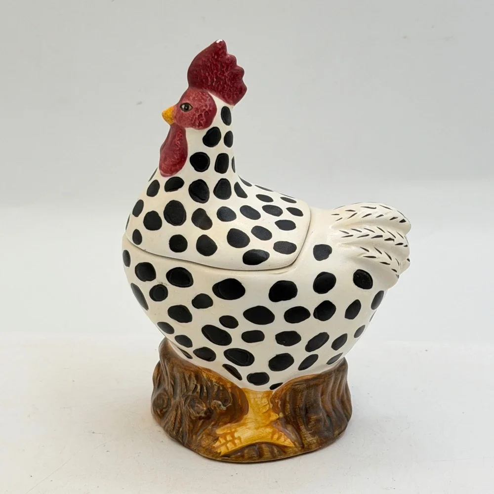 Sakura China Ceramic Rooster Sugar Bowl Polka Dot Hand Painted Farmhouse Decor